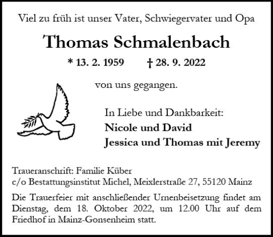 Traueranzeige von Thomas Schmalenbach von vrm-trauer AZ Mainz