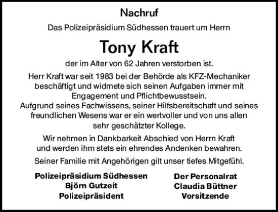Traueranzeige von Tony Kraft von vrm-trauer Darmstädter Echo