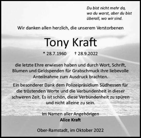 Traueranzeige von Tony Kraft von vrm-trauer Darmstädter Echo