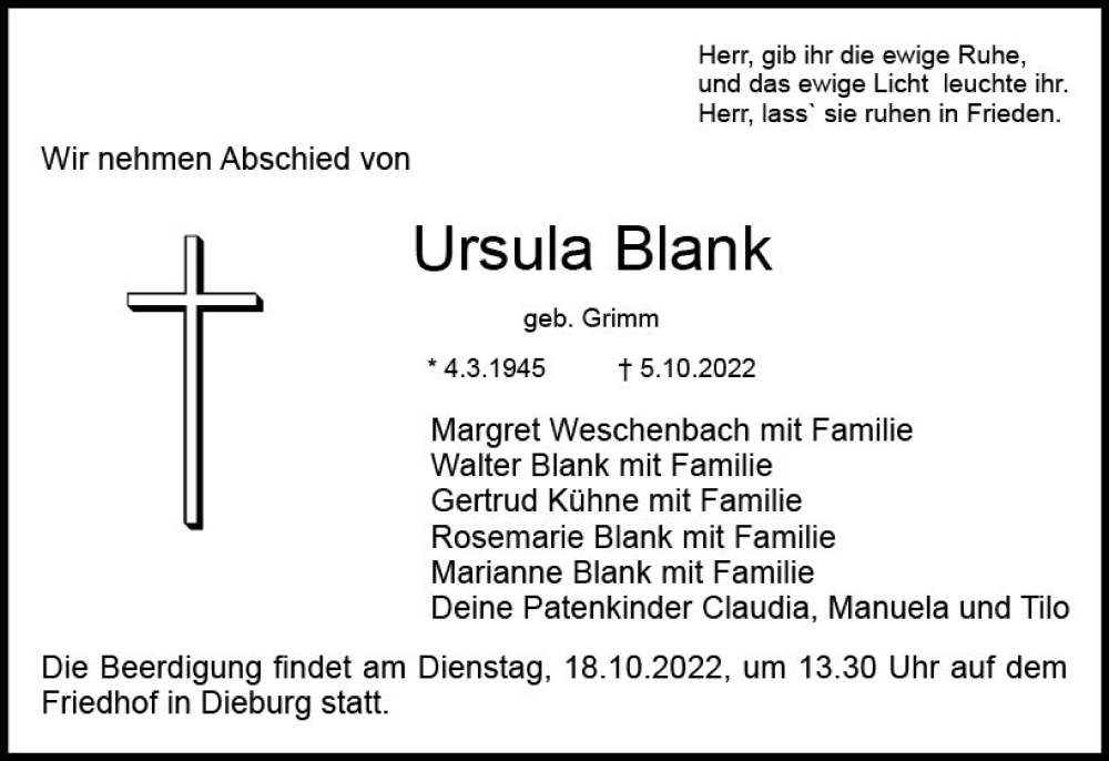  Traueranzeige für Ursula Blank vom 15.10.2022 aus vrm-trauer DieburgerAnzeiger/Groß-Zimmerner Lokala