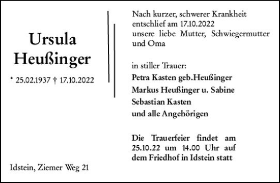 Traueranzeige von Ursula Heußinger von vrm-trauer Idsteiner Zeitung