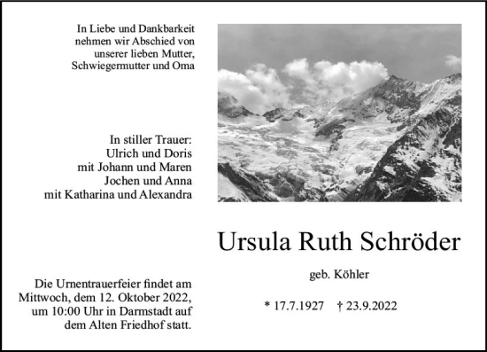 Traueranzeige von Ursula Ruth Schröder von vrm-trauer Darmstädter Echo