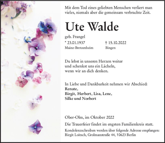 Traueranzeige von Ute Walde von vrm-trauer AZ Mainz