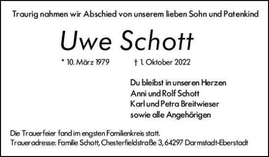 Traueranzeige von Uwe Schott von vrm-trauer Darmstädter Echo