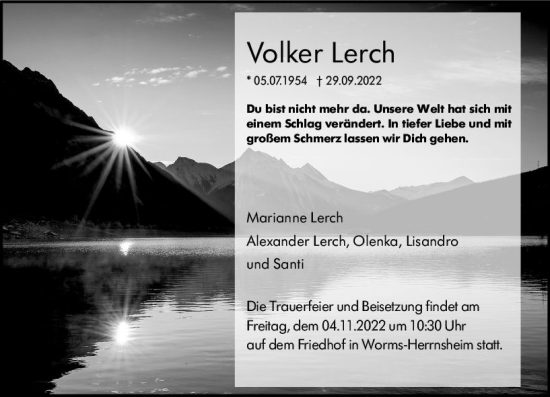 Traueranzeige von Volker Lerch von vrm-trauer Wormser Zeitung