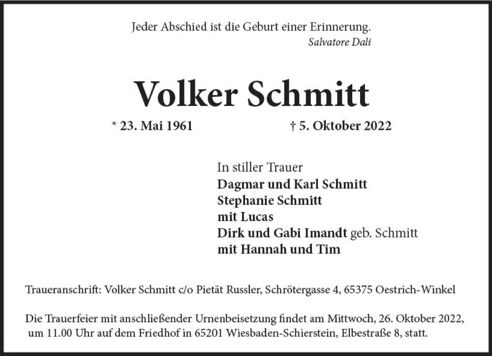  Traueranzeige für Volker Schmitt vom 22.10.2022 aus vrm-trauer Wiesbadener Kurier