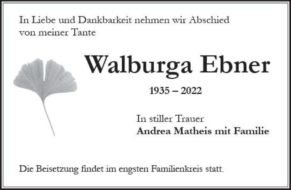  Traueranzeige für Walburga Ebner vom 15.10.2022 aus vrm-trauer Wiesbadener Kurier