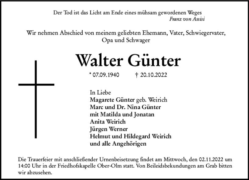  Traueranzeige für Walter Günter vom 29.10.2022 aus vrm-trauer AZ Mainz