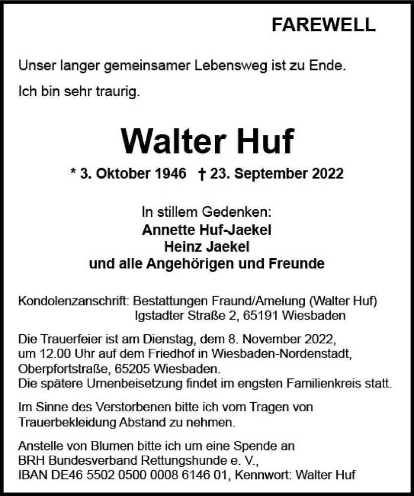  Traueranzeige für Walter Huf vom 29.10.2022 aus vrm-trauer Wiesbadener Kurier