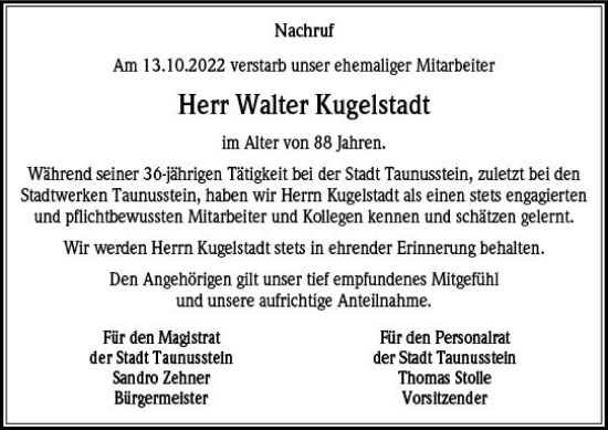Traueranzeige von Walter Kugelstadt von vrm-trauer WK-UTA