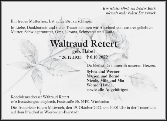 Traueranzeige von Waltraud Retert von vrm-trauer Wiesbadener Kurier