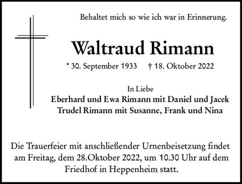  Traueranzeige für Waltraud Rimann vom 22.10.2022 aus vrm-trauer Bürstädter/Lamperth. Ztg/Starkenburger