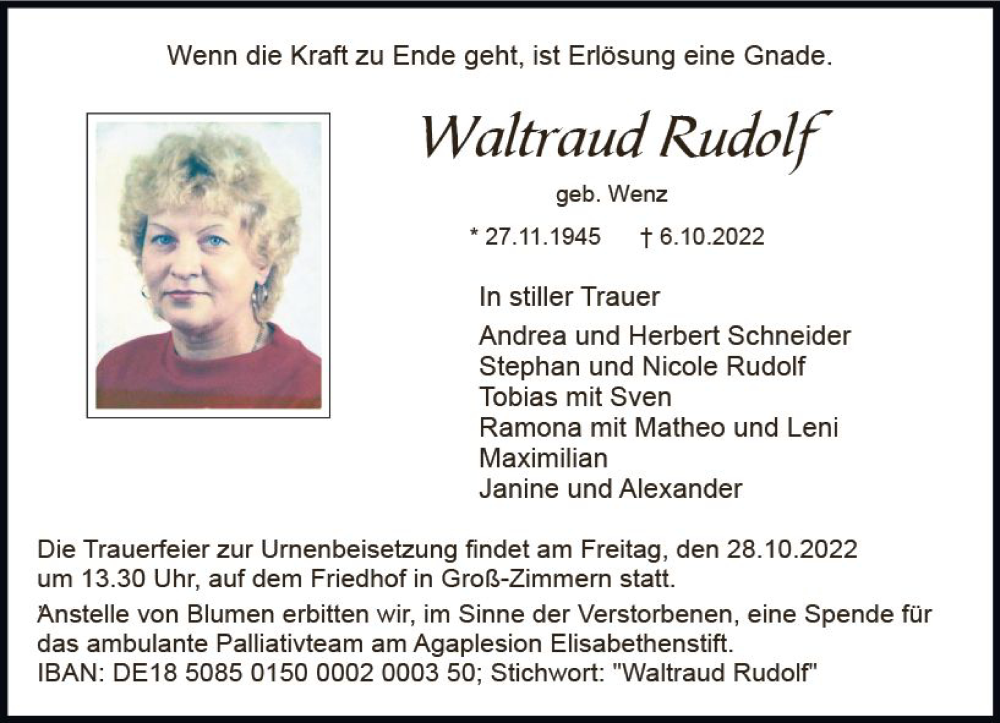  Traueranzeige für Waltraud Rudolf vom 22.10.2022 aus vrm-trauer DieburgerAnzeiger/Groß-Zimmerner Lokala