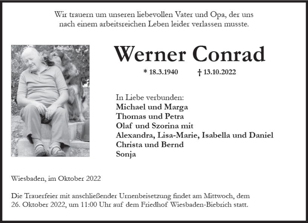  Traueranzeige für Werner Conrad vom 22.10.2022 aus vrm-trauer Wiesbadener Kurier