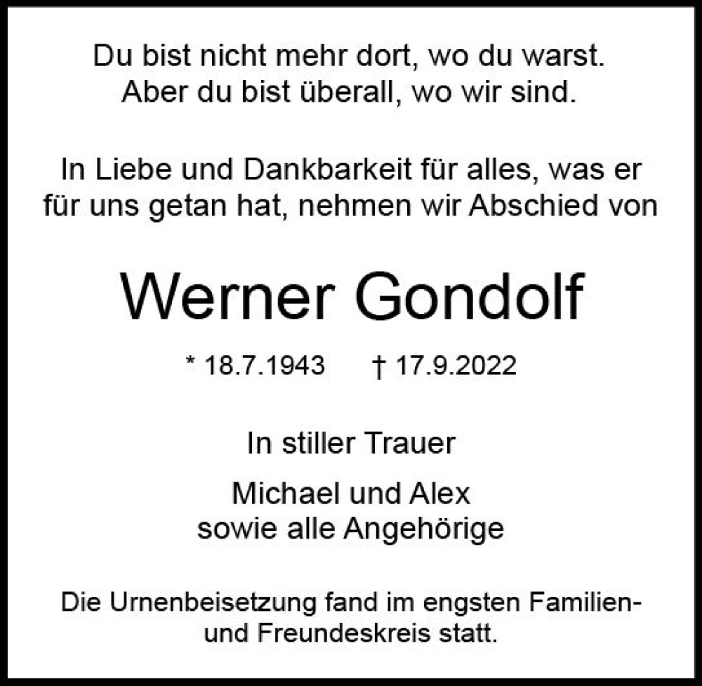  Traueranzeige für Werner Gondolf vom 08.10.2022 aus vrm-trauer DieburgerAnzeiger/Groß-Zimmerner Lokala