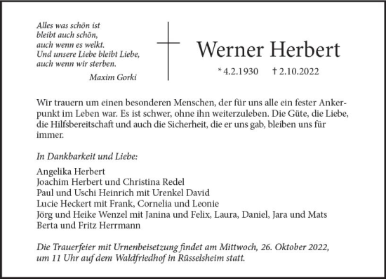 Traueranzeige von Werner Herbert von vrm-trauer Rüsselsheimer Echo / MainSpitze