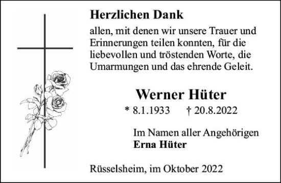 Traueranzeige von Werner Hüter von vrm-trauer Rüsselsheimer Echo / MainSpitze