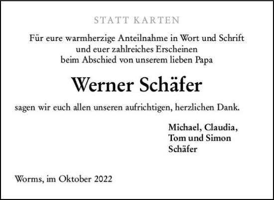 Traueranzeige von Werner Schäfer von vrm-trauer Wormser Zeitung