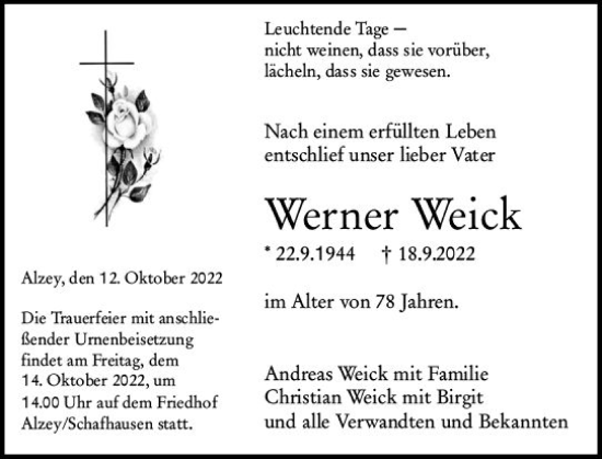 Traueranzeige von Werner Weick von vrm-trauer Allgemeine Zeitung Alzey