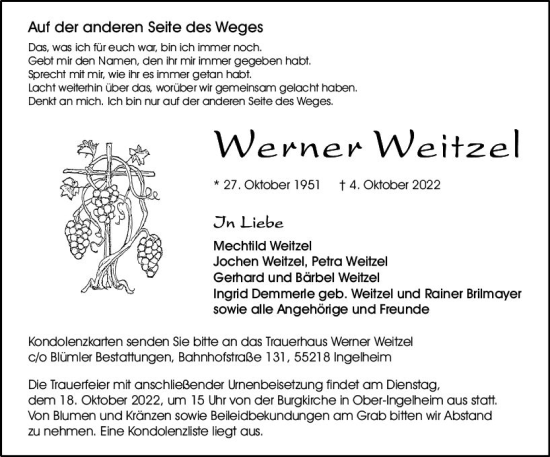 Traueranzeige von Werner Weitzel von vrm-trauer Allgemeine  Zeitung Ingelheim-Bingen