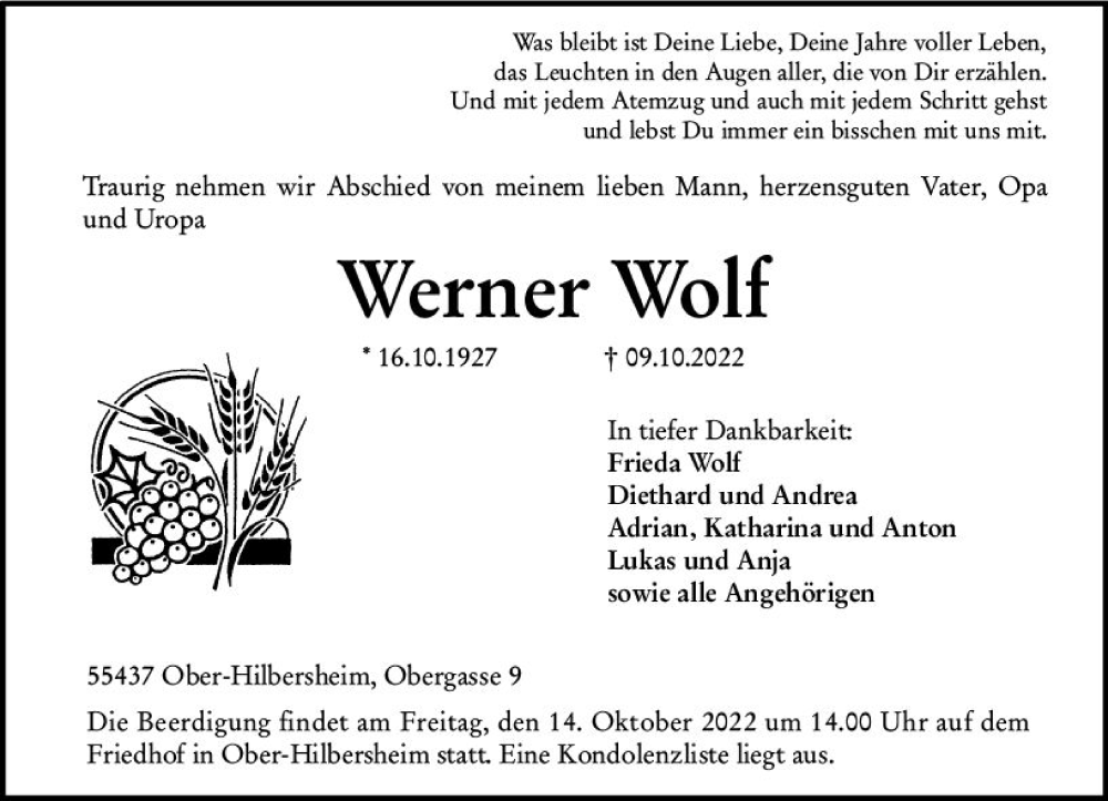  Traueranzeige für Werner Wolf vom 12.10.2022 aus vrm-trauer Allgemeine  Zeitung Ingelheim-Bingen