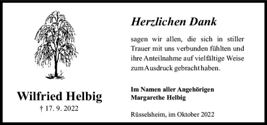 Traueranzeige von Wilfried Helbig von vrm-trauer Rüsselsheimer Echo / MainSpitze