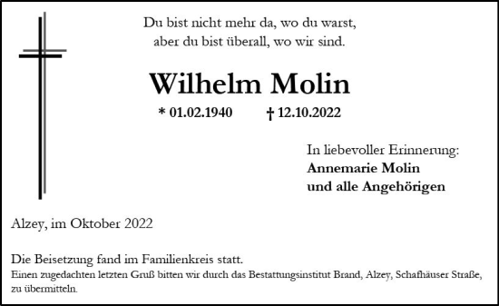 Traueranzeige von Wilhelm Molin von vrm-trauer Allgemeine Zeitung Alzey