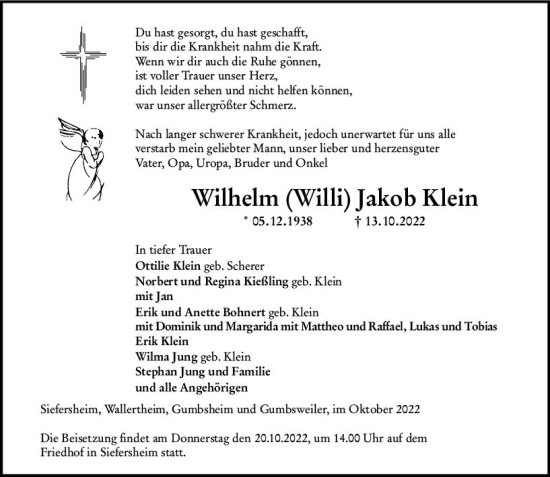 Traueranzeige von Wilhelm Jakob Klein von vrm-trauer Allgemeine Zeitung Alzey