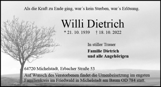Traueranzeige von Willi Dietrich von vrm-trauer Odenwälder Echo