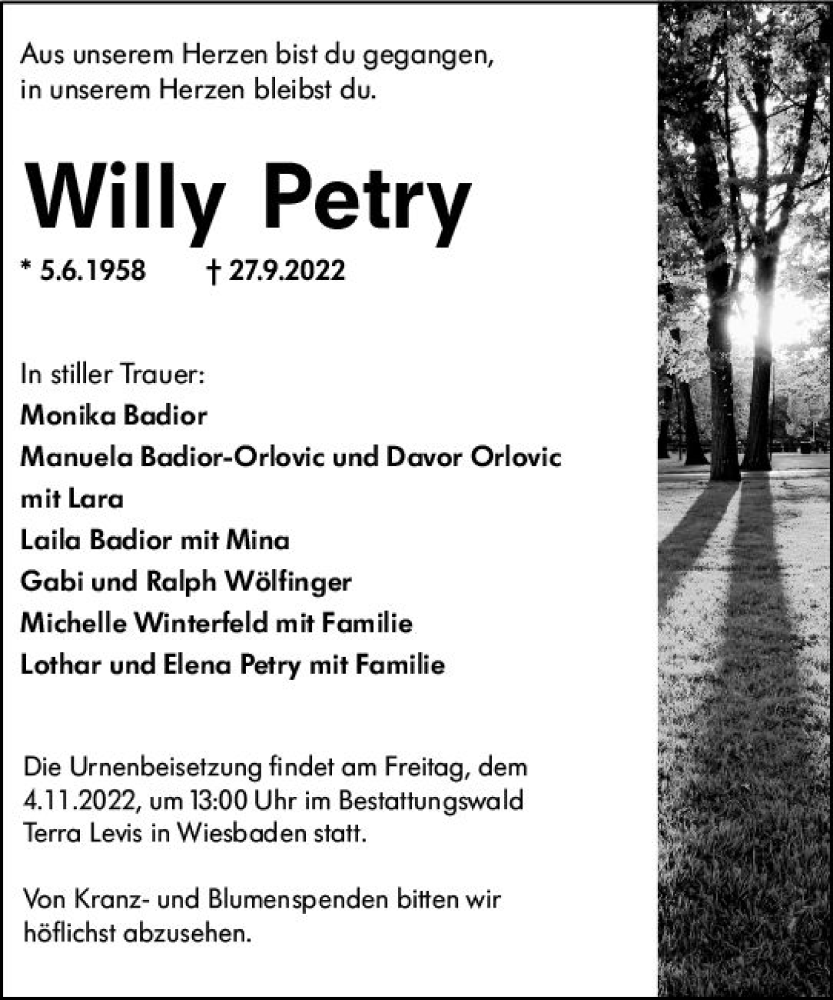  Traueranzeige für Willy Petry vom 22.10.2022 aus vrm-trauer Wiesbadener Kurier