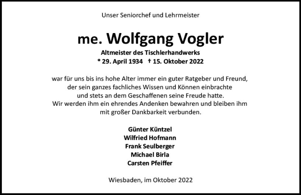  Traueranzeige für Wolfgang Vogler vom 22.10.2022 aus vrm-trauer Wiesbadener Kurier