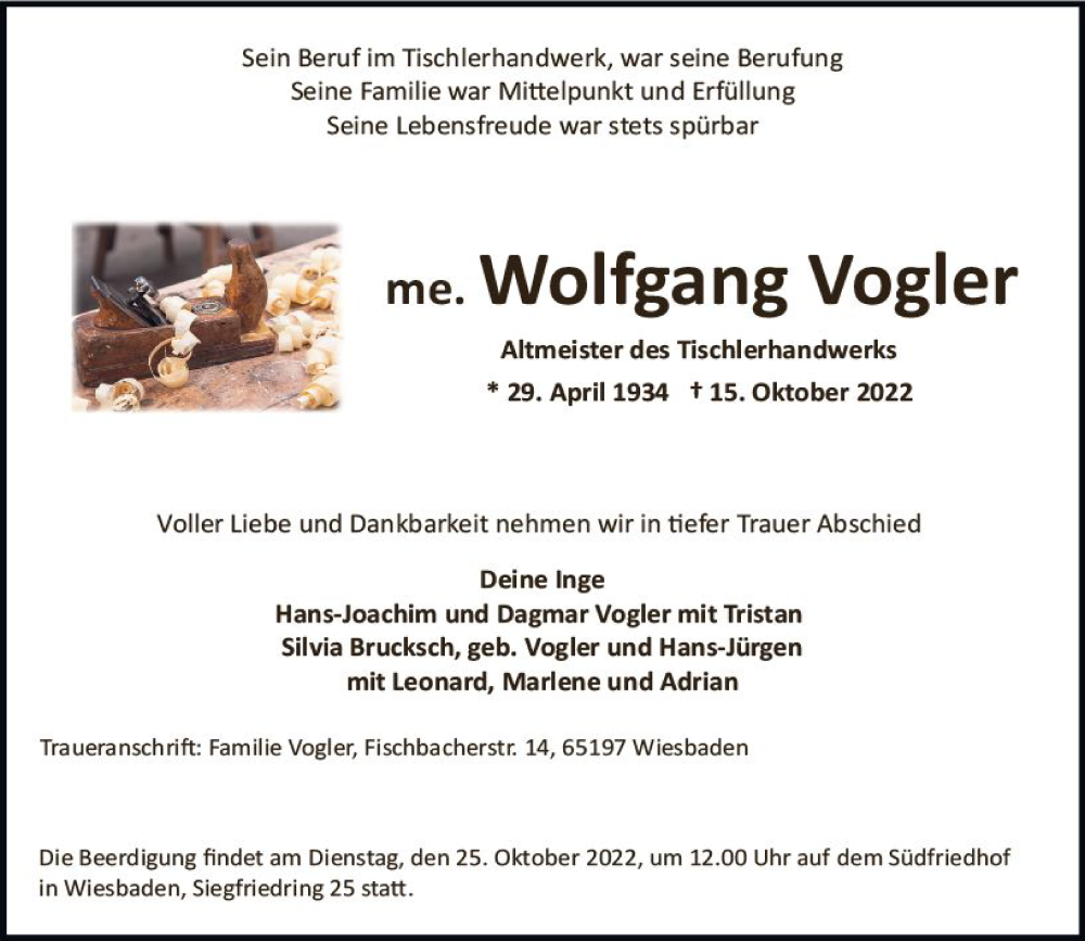  Traueranzeige für Wolfgang Vogler vom 22.10.2022 aus vrm-trauer Wiesbadener Kurier