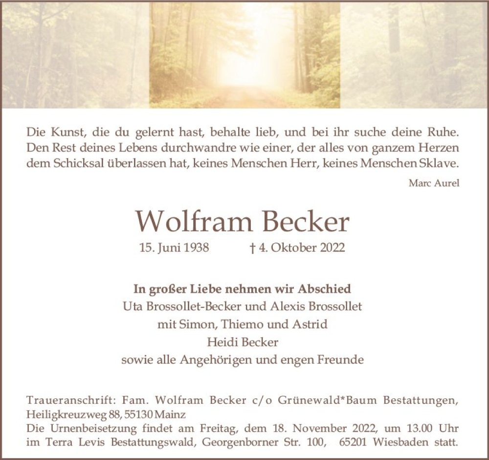  Traueranzeige für Wolfram Becker vom 29.10.2022 aus vrm-trauer AZ Mainz