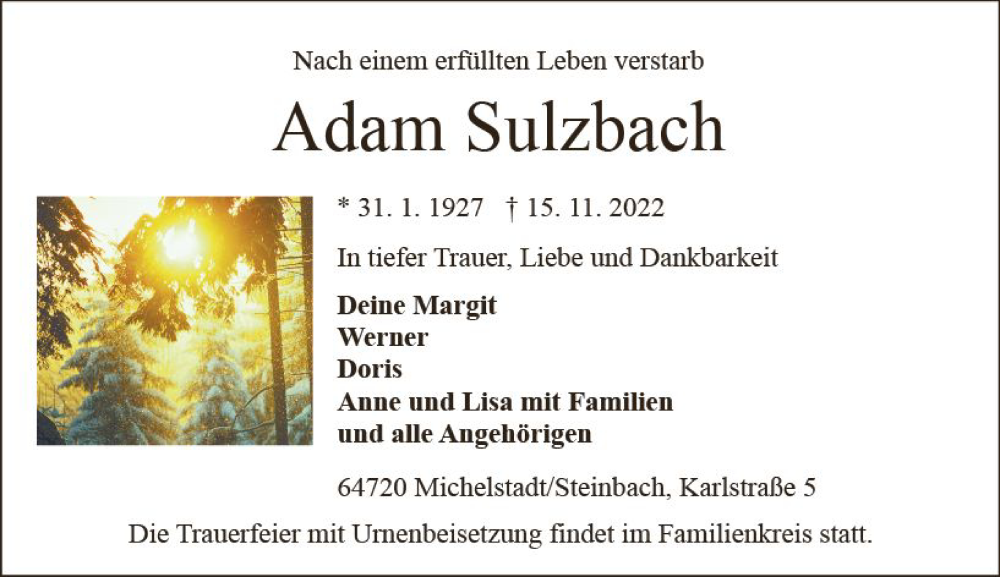  Traueranzeige für Adam Sulzbach vom 19.11.2022 aus vrm-trauer Odenwälder Echo