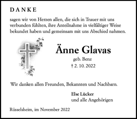 Traueranzeige von Änne Glavas von vrm-trauer Rüsselsheimer Echo / MainSpitze