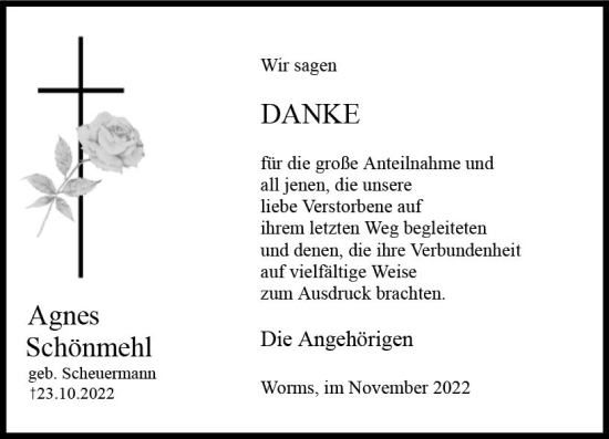 Traueranzeige von Agnes Schönmehl von vrm-trauer Wormser Zeitung