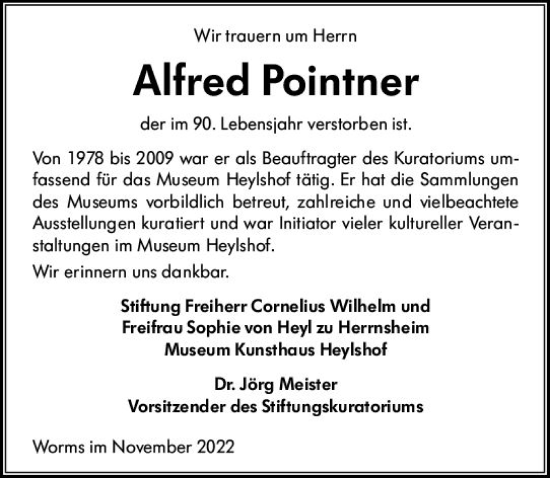 Traueranzeige von Alfred Pointner von vrm-trauer Wormser Zeitung