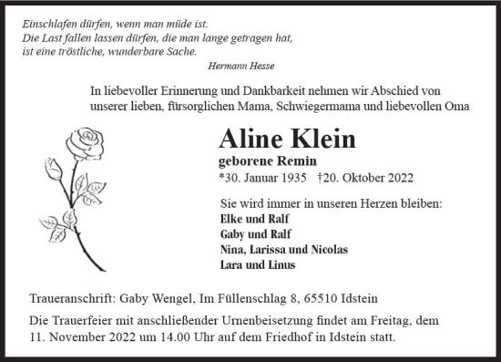 Traueranzeige von Aline Klein von vrm-trauer Idsteiner Zeitung