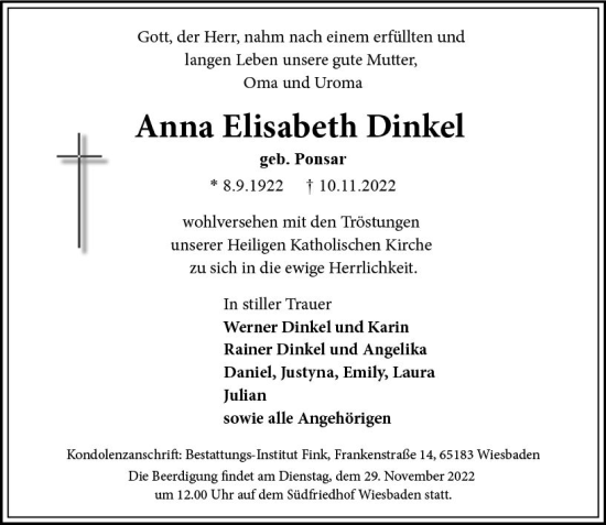 Traueranzeige von Anna Elisabeth Dinkel von vrm-trauer Wiesbadener Kurier