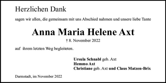 Traueranzeige von Anna Maria Helene Axt von vrm-trauer Darmstädter Echo