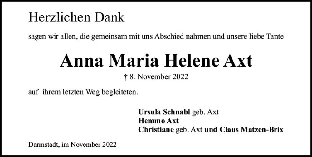  Traueranzeige für Anna Maria Helene Axt vom 26.11.2022 aus vrm-trauer Darmstädter Echo