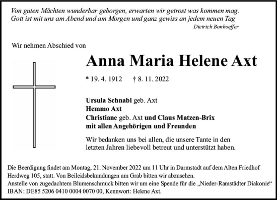 Traueranzeige von Anna Maria Helene Axt von vrm-trauer Darmstädter Echo