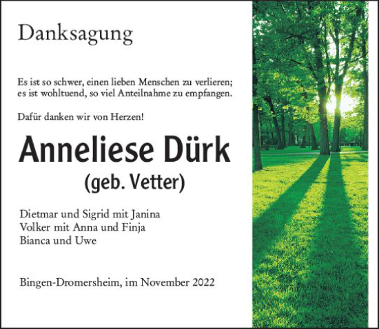Traueranzeige von Anneliese Dürk von vrm-trauer Allgemeine  Zeitung Ingelheim-Bingen