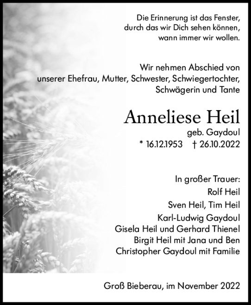  Traueranzeige für Anneliese Heil vom 05.11.2022 aus vrm-trauer DieburgerAnzeiger/Groß-Zimmerner Lokala