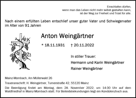 Traueranzeige von Anton Weingärtner von vrm-trauer AZ Mainz
