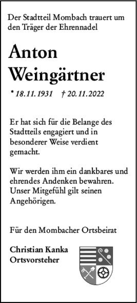 Traueranzeige von Anton Weingärtner von vrm-trauer AZ Mainz