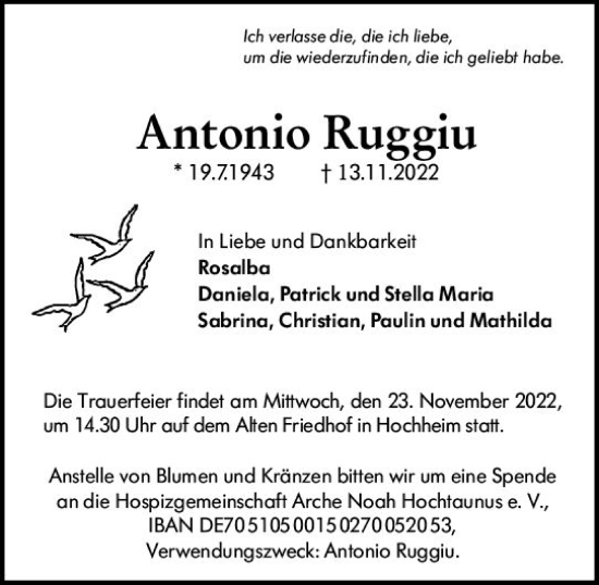 Traueranzeige von Antonio Ruggiu von vrm-trauer Hochheimer Zeitung