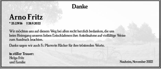 Traueranzeige von Arno Fritz von vrm-trauer Rüsselsheimer Echo / MainSpitze