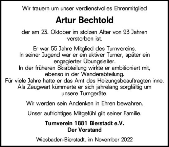 Traueranzeige von Artur Bechtold von vrm-trauer Wiesbadener Kurier