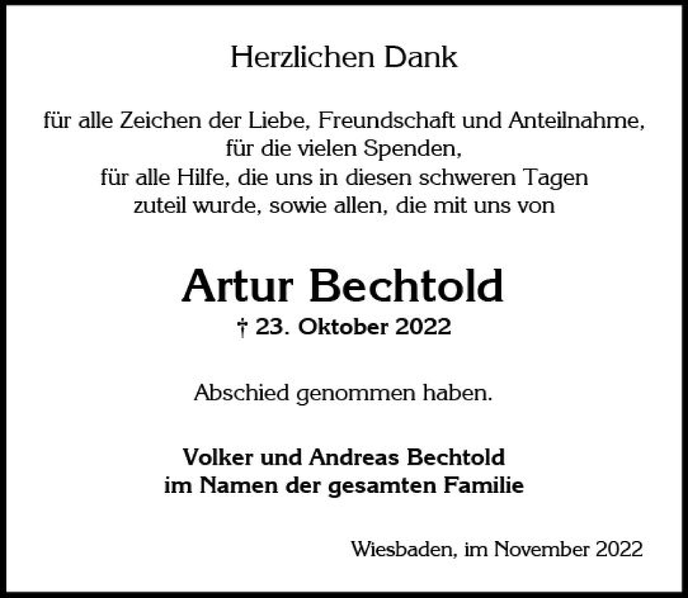  Traueranzeige für Artur Bechtold vom 26.11.2022 aus vrm-trauer Wiesbadener Kurier